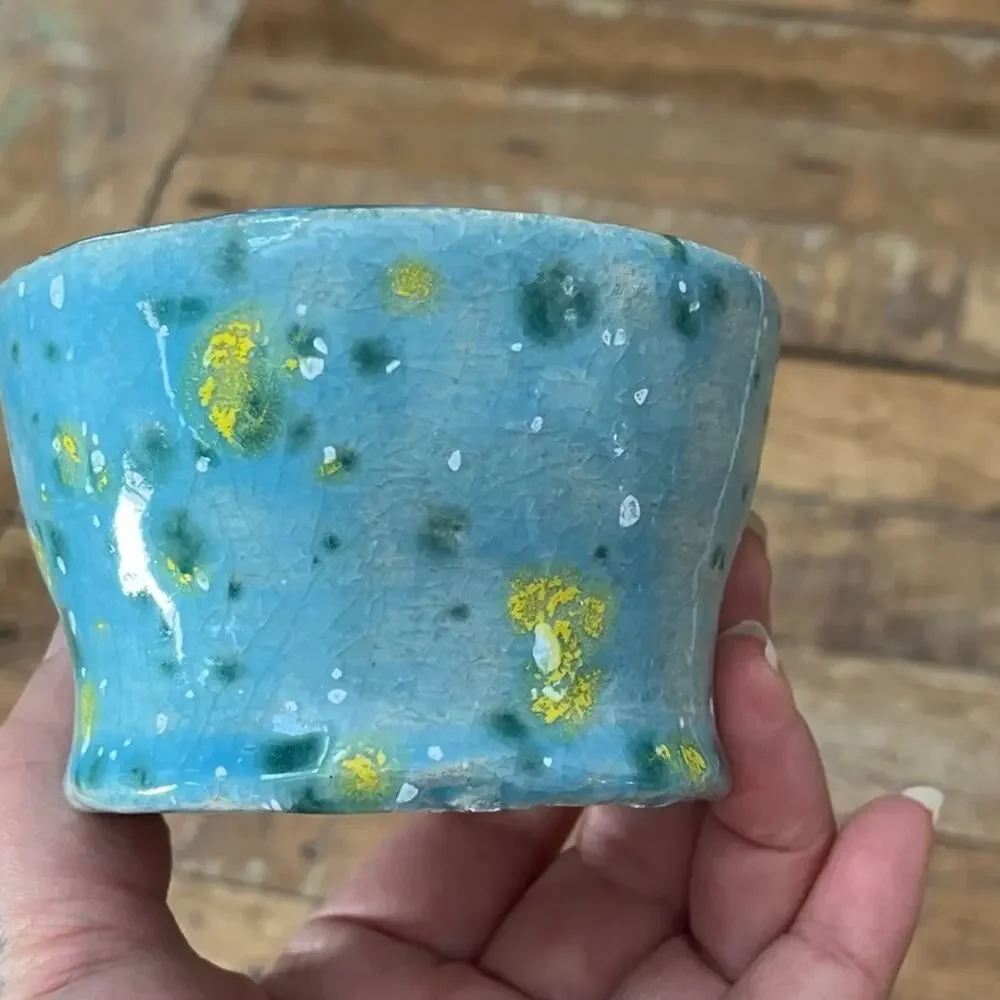 Handmade Clay Pottery Bowl Blue Yellow Speckled Crackle Glaze Artist Signed